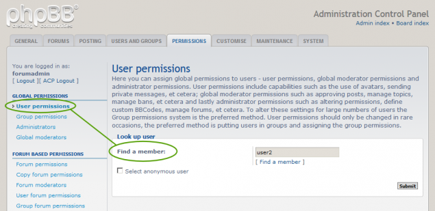 Forum Users Permissions on phpBB forum. 