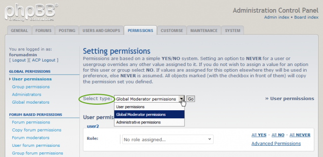 Forum Users Permissions on phpBB forum. 