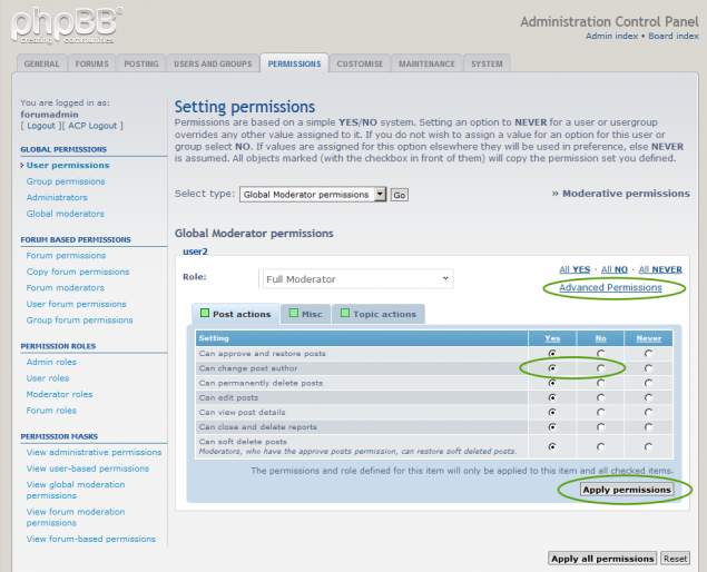 Forum Users Permissions on phpBB forum. 